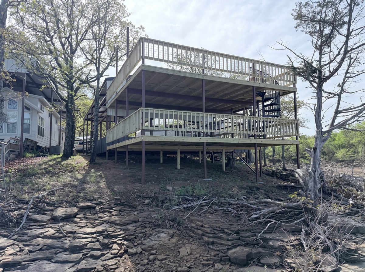 Two-level wood deck and railings beside a lakeside home